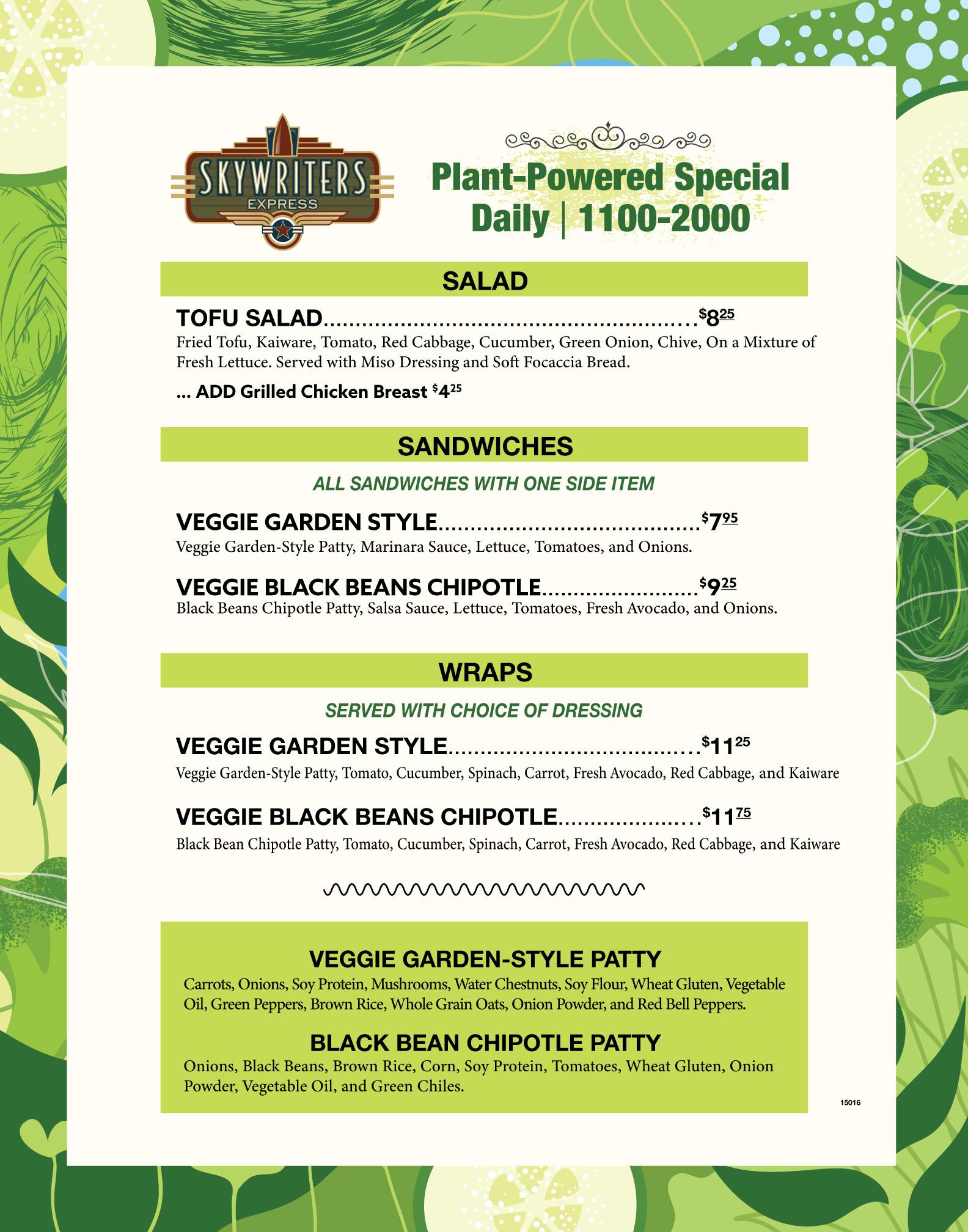 Skywriters Plant-Powered Menu